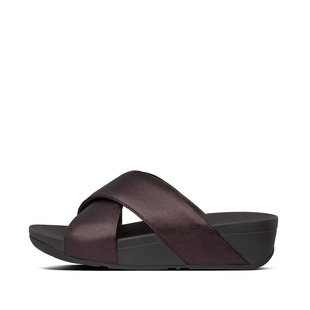 Fitflop Womens Slides Dark Brown - Lulu Metallic Leather Cross - ZU3946712